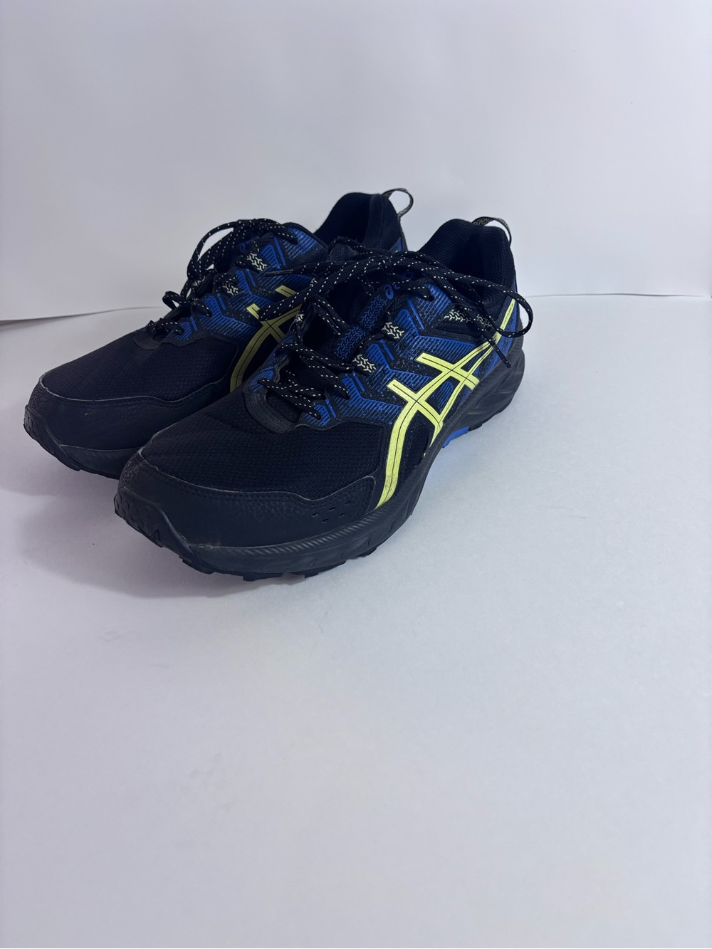 Asics Black & Blue Trail Runners with Yellow Accents Mens size 12